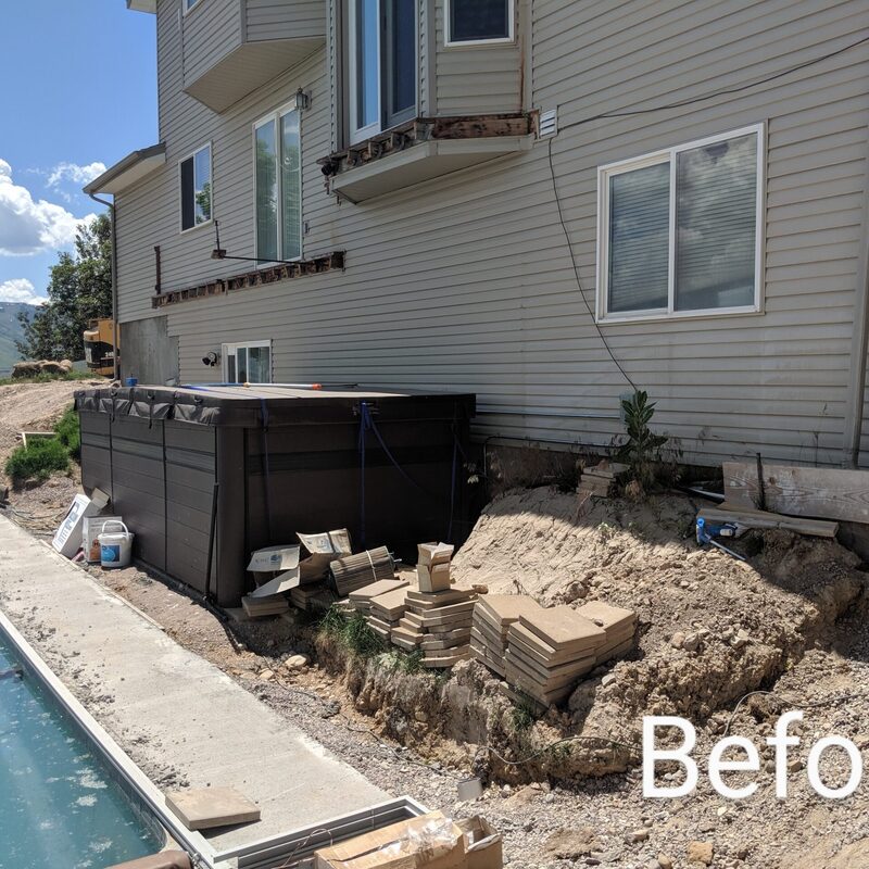 Explore our latest construction project with these before and after images of a comprehensive backyard transformation. This ambitious build by DeckPro LLC showcases the massive transformation of a standard multi-story beige house into a fully-functional, multi-level composite deck oasis with numerous custom integrated outdoor features. The 'After' image reveals a stunning elevated two-story composite deck in a deep wood tone, perfectly paired with sophisticated black metal railings. This functional retreat seamlessly incorporates a covered upper deck with a louvered roof pergola, integrated storage, expansive stairs, a built-in hot tub area with surrounding privacy screens, and a beautiful new natural stone patio all surrounding the restored pool. See how DeckPro can create your dream, multi-purpose outdoor space.
