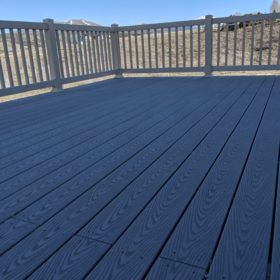 Back yard deck with blue tint.