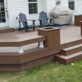 brown deck with built in benches.