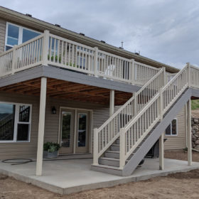 deck with cement patio.